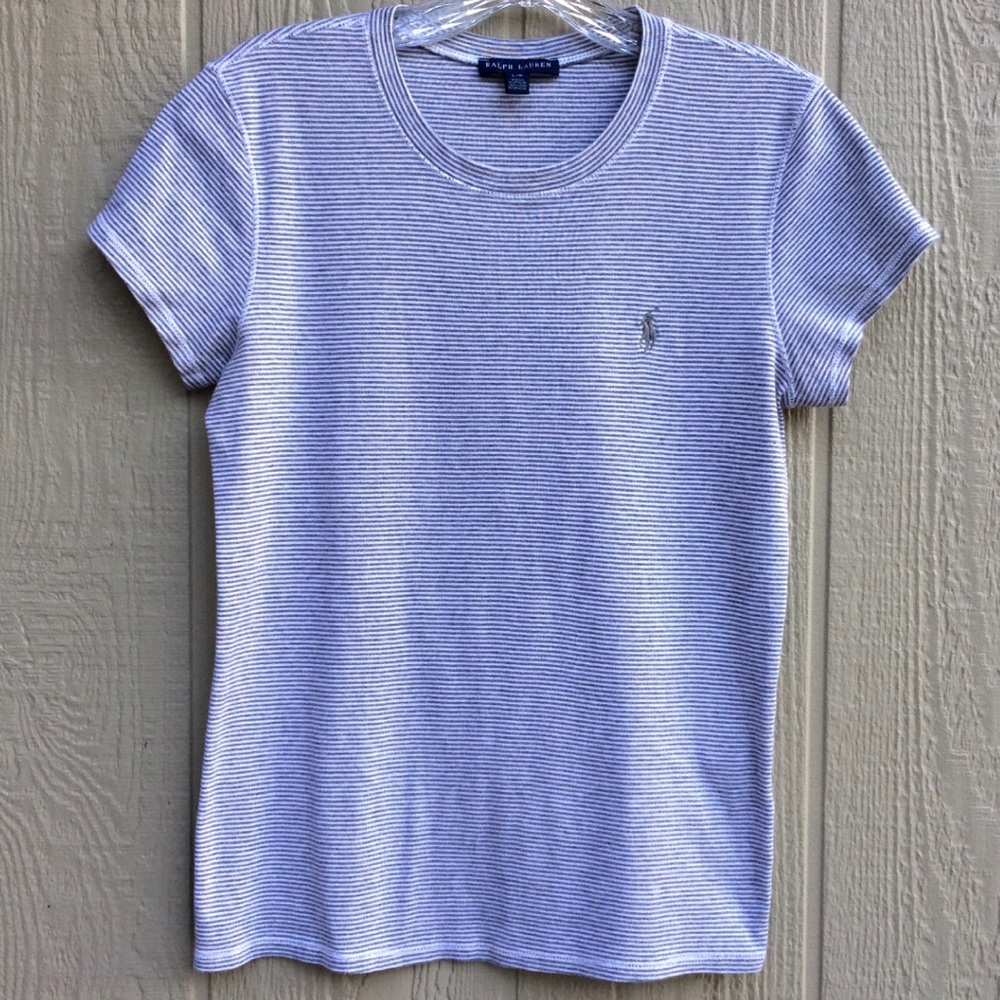 Ralph Lauren fitted striped tee shirt top blouse stretchy crew neck polo white - Picture 6 of 8